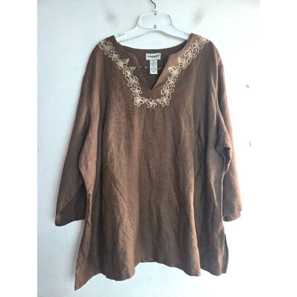Bridgewater Studio  Brown w/Floral Embroiderd V-Neck 100% Linen Blouse size 22W - Picture 1 of 6